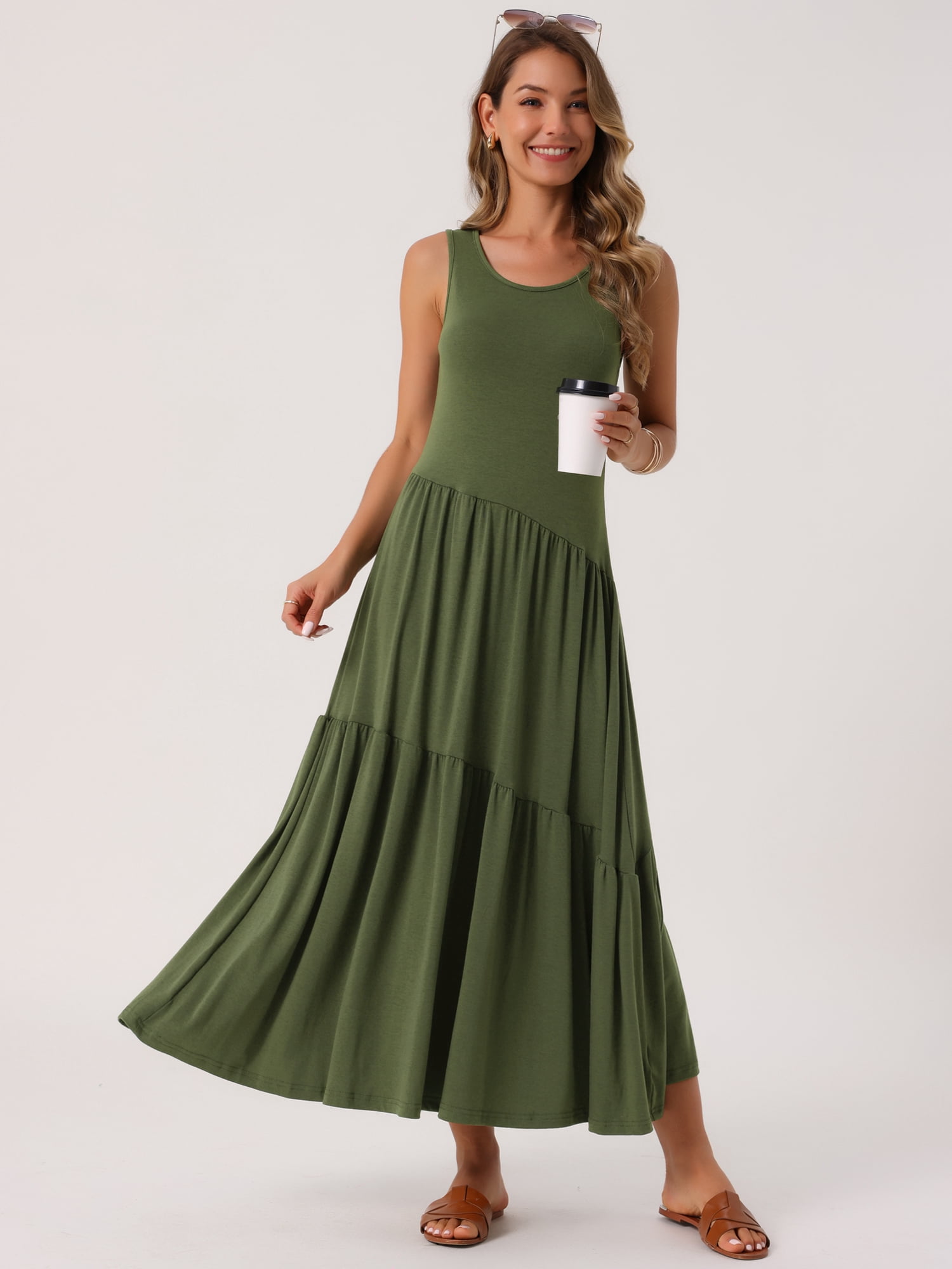 DARING DIVA Summer Casual Sleeveless Crewneck Maxi Dress M Army Green
