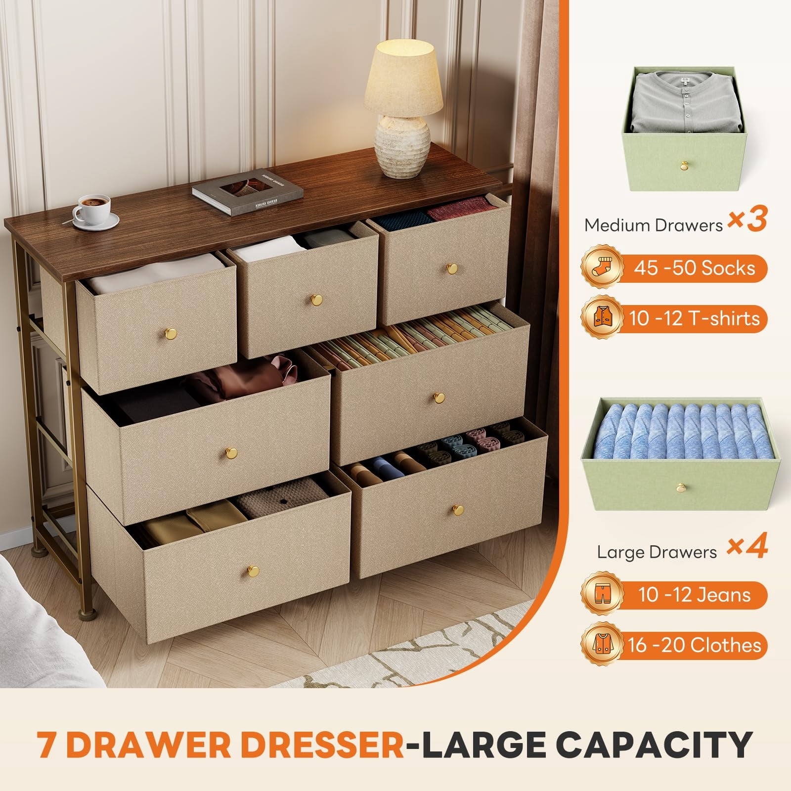Telyra 7-Drawer Fabric Dresser TV Stand Organizer with Wood Top and Metal Frame Wide Storage Chest, Khaki
