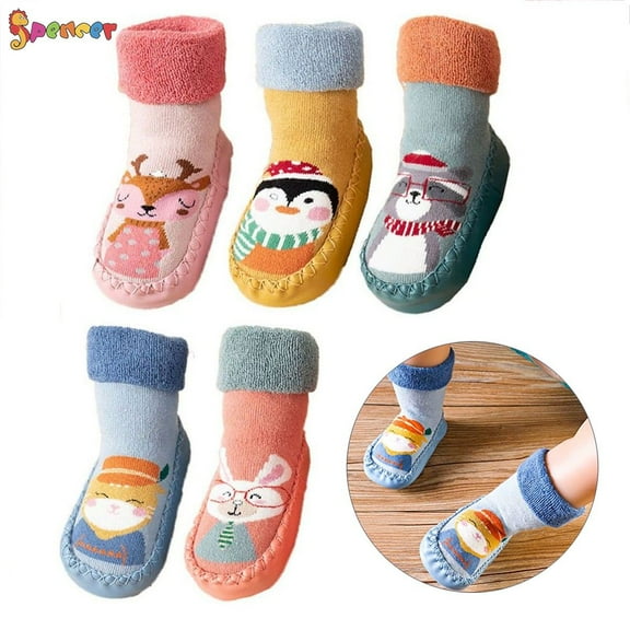 Spencer 5 Pairs Infant Baby Boy Girls Toddlers Animal Moccasins Non-Skid Indoor Slipper Winter Warm Shoes Socks