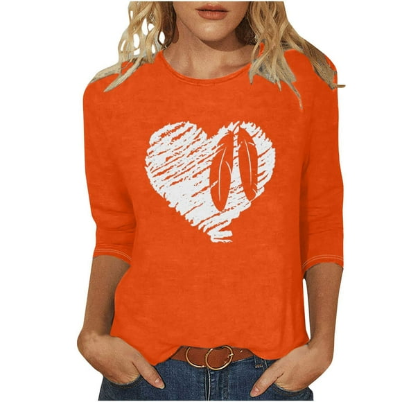 Orange Shirts for Women T-Shirts for Women Ladies' Orange Shirt Japanese Fashion Printed Round Neck 3/4 Sleeve T-Shirt Loose Top Womens Fashion Tops Wear Orange T-Shirt