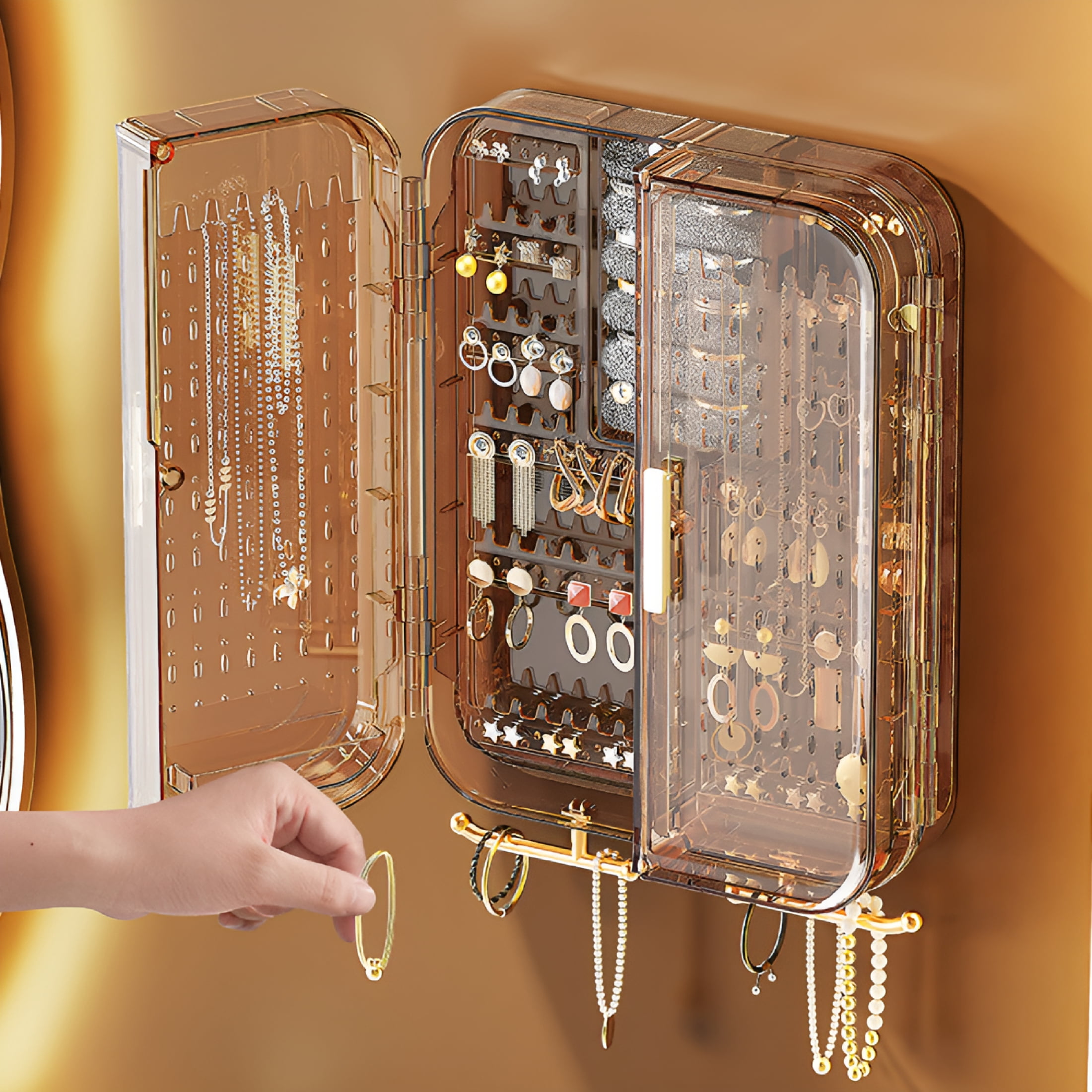 XIBUFE Wall Mounted Jewelry Organizer Hanging Box | Transparent Necklace Holder | Earring and Ring Storage Rack | No Punching | Decorative Display for Home