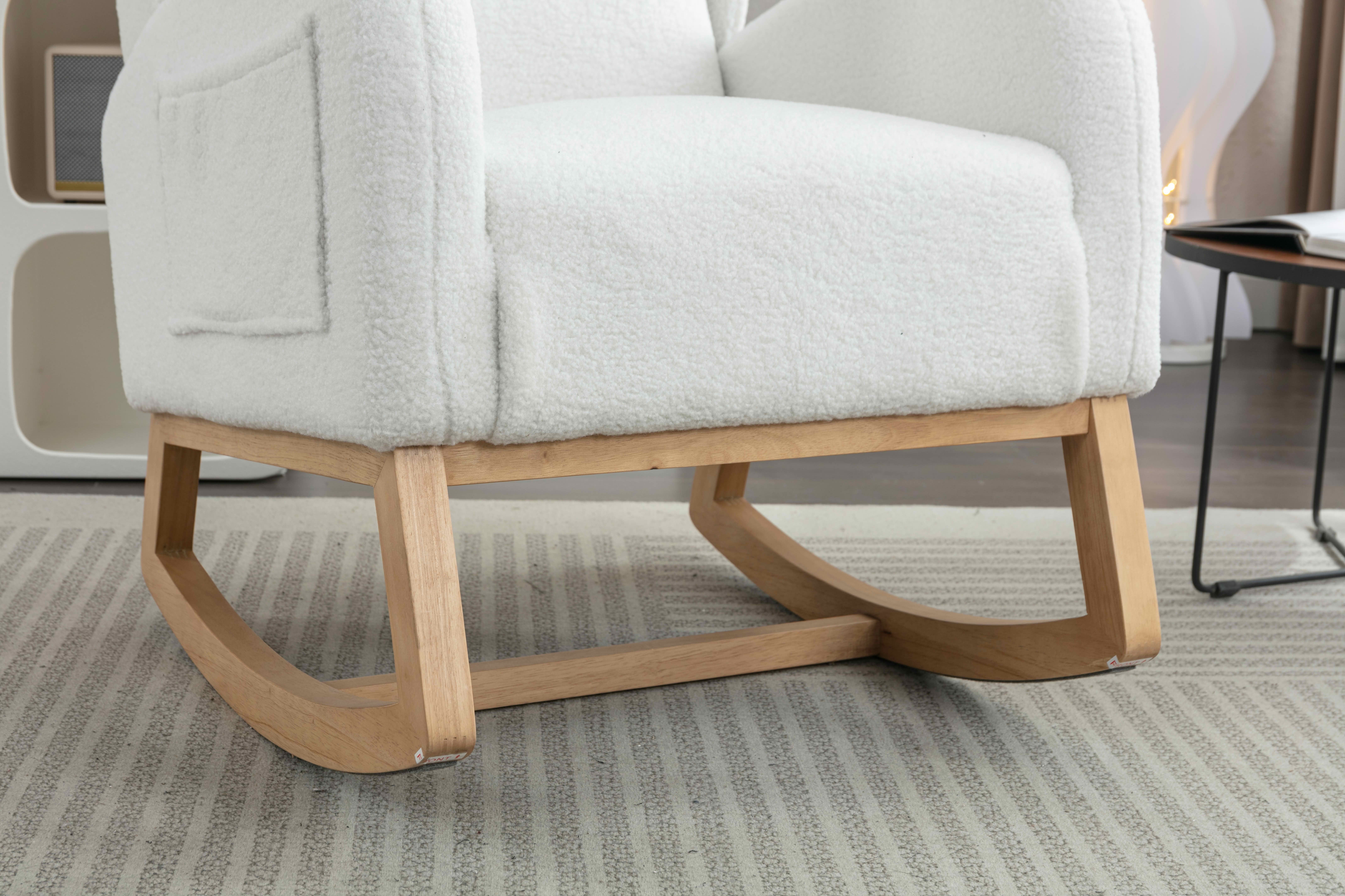 MAYEERTY Teddy Fabric Rocking Chair, with Packet Wood Legs, Ivory
