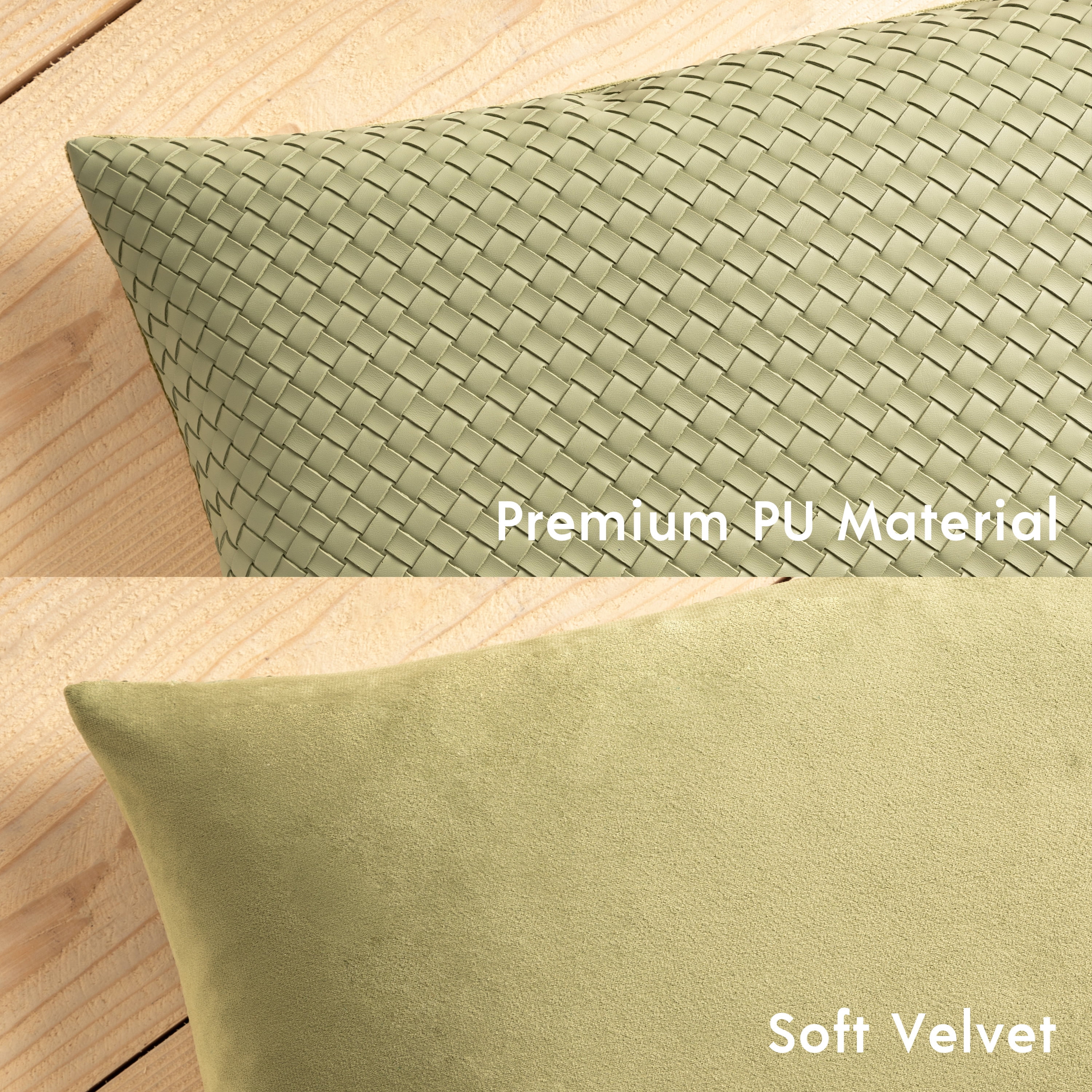 Phantoscope Modern Faux Leather Woven Square Cusion Solid Accent Decorative Throw Pillow for Couch, 18" x 18", Light Green, 2 Pack