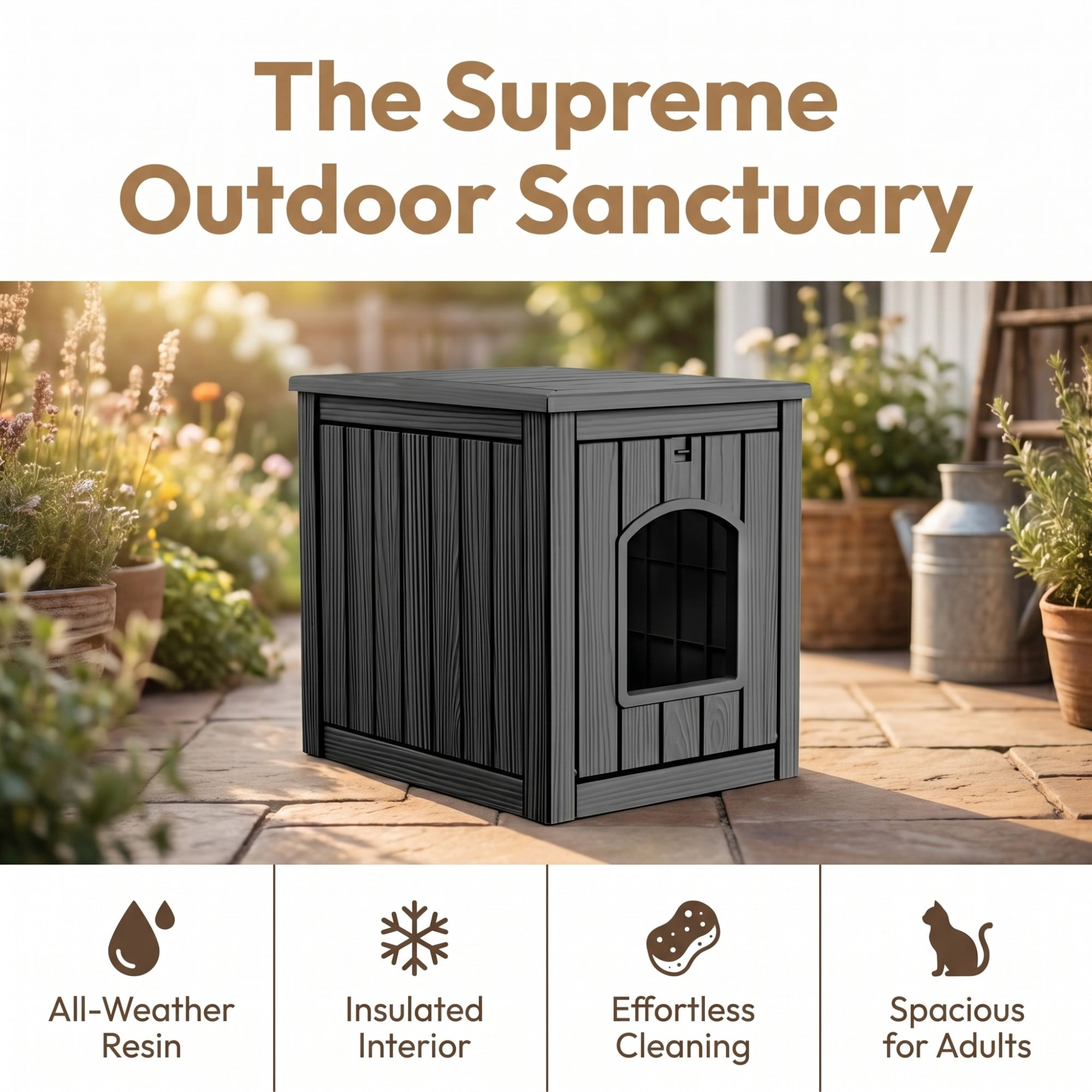 ENNSOO Outdoor Cat House Weatherproof Resin Cat Shelter for Indoor & Outdoor, Durable All-Season Pet House for Feral, Stray & Domestic Cats, Black