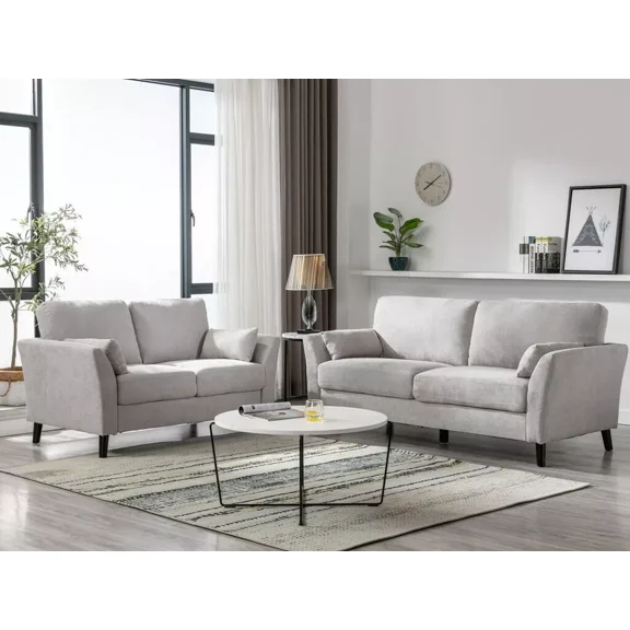 Classic Sofa Loveseat Living Room Set 2pc Light Gray Fabric Upholstered Accent Pillows Solid wood Furniture