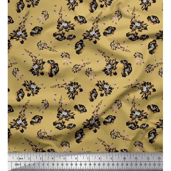 Soimoi Brown Cotton Voile Fabric Leaves & Floral Print Sewing Fabric BTY 42 Inch Wide