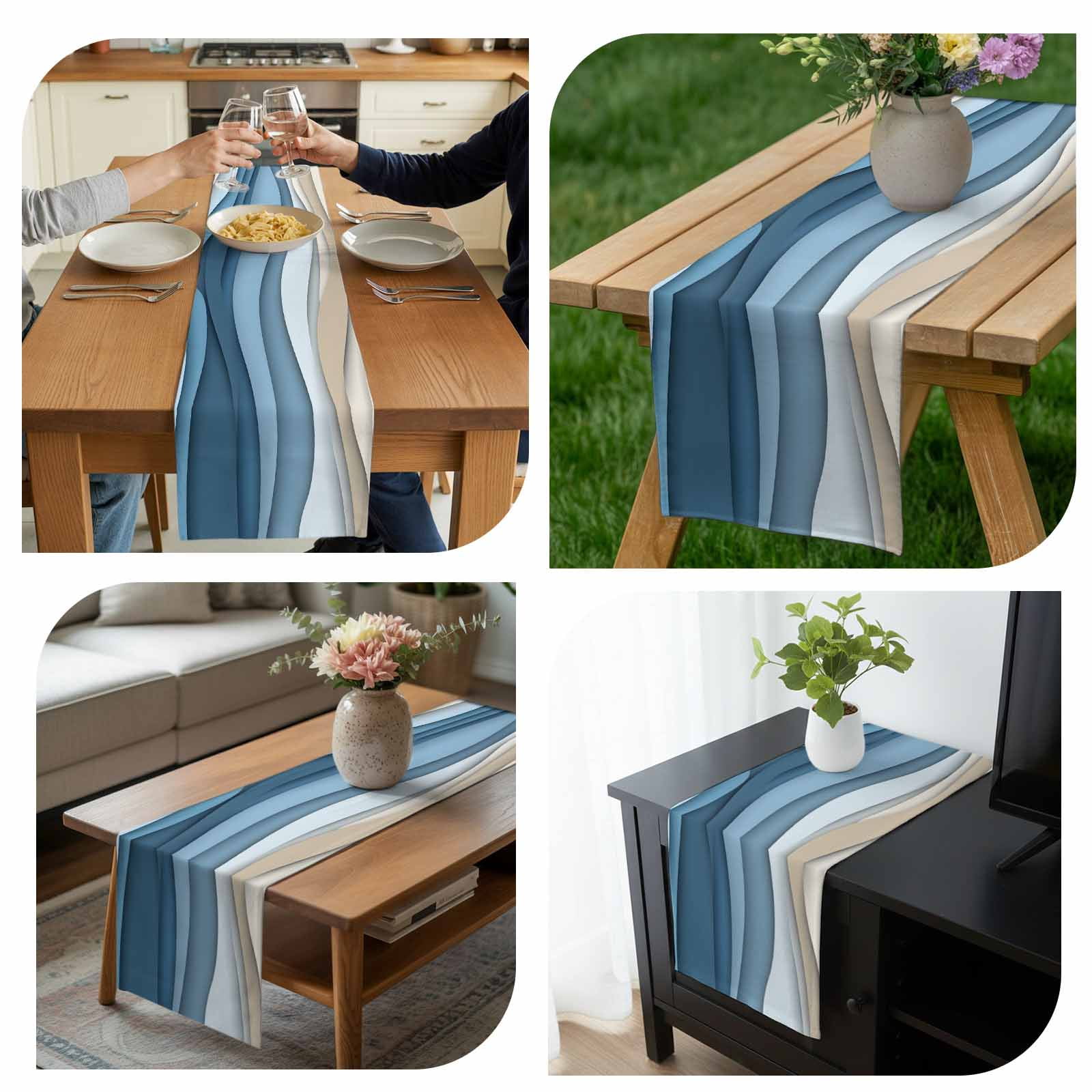 Blue Ombre Table Runner 13x108 inch Abstract Stripe Ocean Wave Geometric Modern Art Cotton Linen Dining Table Runner Ideal for Dresser Kitchen Coffee Tables - Machine Washable