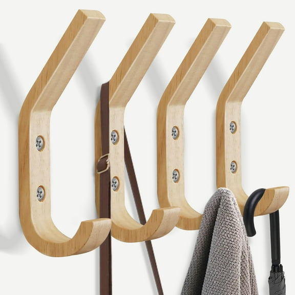 Coat Hooks, Heavy Duty Wall-Mounted Organizer for Coats, Keys, and More, 4 Pcs, Wood