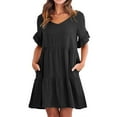 thumbnail image 3 of JBXKXYW Dresses for Women 2024 Ladies Summer Casual V Neck Layered Ruffle Hem Pocket A Line Mini Swing Beach Short Sleeve Dress Womens Dresses (Black,L), 3 of 5