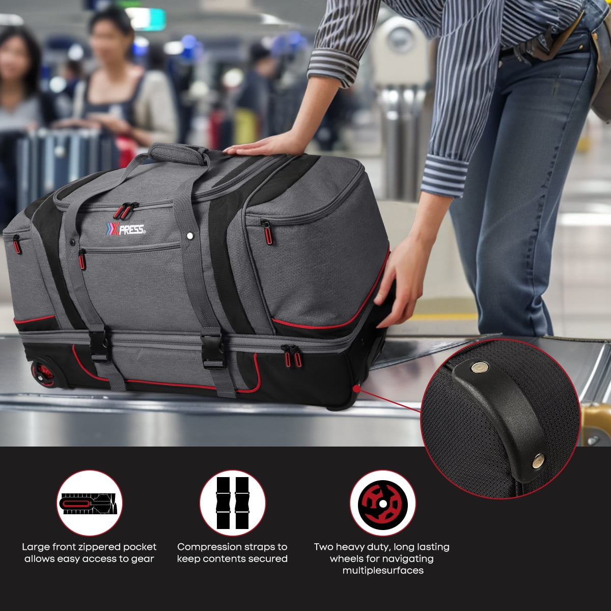 30 Inch Rolling Duffle Bag with Telescopic Handle, Wheeled Duffel Bag with Drop-Bottom,  Large Luggage Bags for Travel, Grey/Red, TBL074