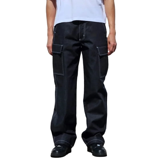 Men's Cotton Blend Baggy Classic Utility Workwear Multi Pocket Denim Cargo Pants (Black, 42W x 32L)