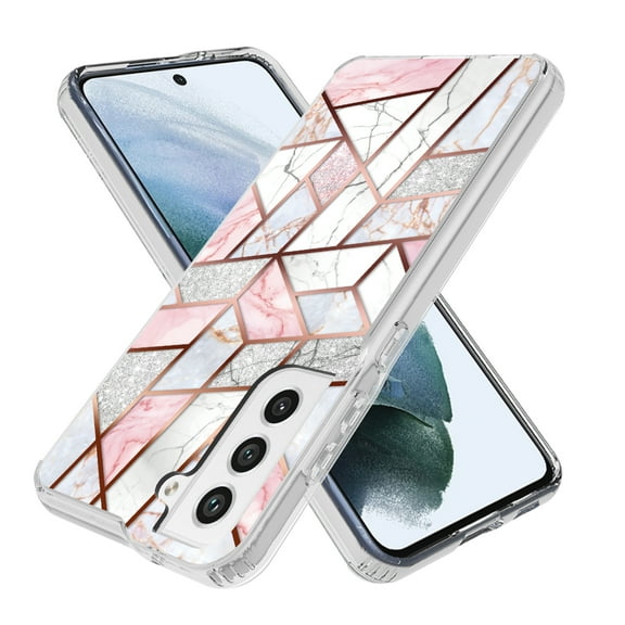 Samsung Galaxy S21 FE 5G Case, Rosebono Hybrid Bling Glitter Sparkle Laser Pink Polygon Geometric Marble Graphic Fashion Cute Colorful Skin Cover Case for Samsung Galaxy S21 FE 5G