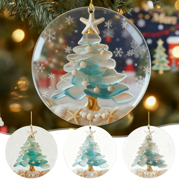 12PC Sea Glass Coastal Christmas Tree Ornament, Acrylic Coastal Pine Tree Ornaments, Christmas Pendants for Christmas Tree Hanging Ornaments, Seaglass Beach Christmas Ornaments Mix
