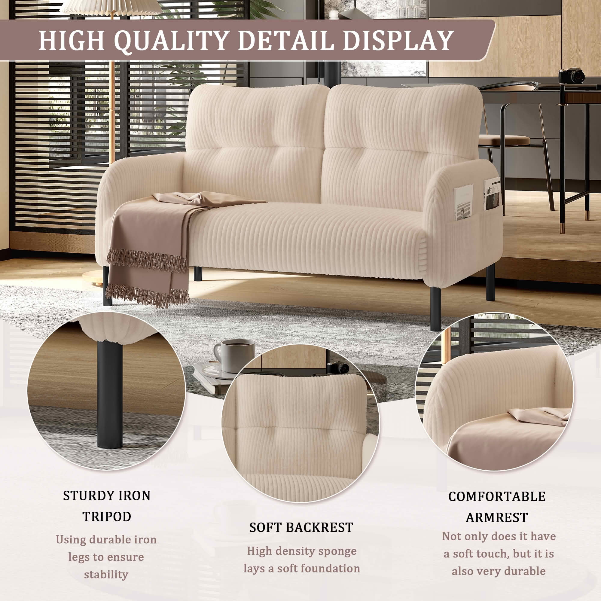 MAYEERTY Corduroy 2-Seater Loveseat, Modern Monochrome Double Sofa with Side Storage Pockets & Sturdy Wood Frame for Home Office