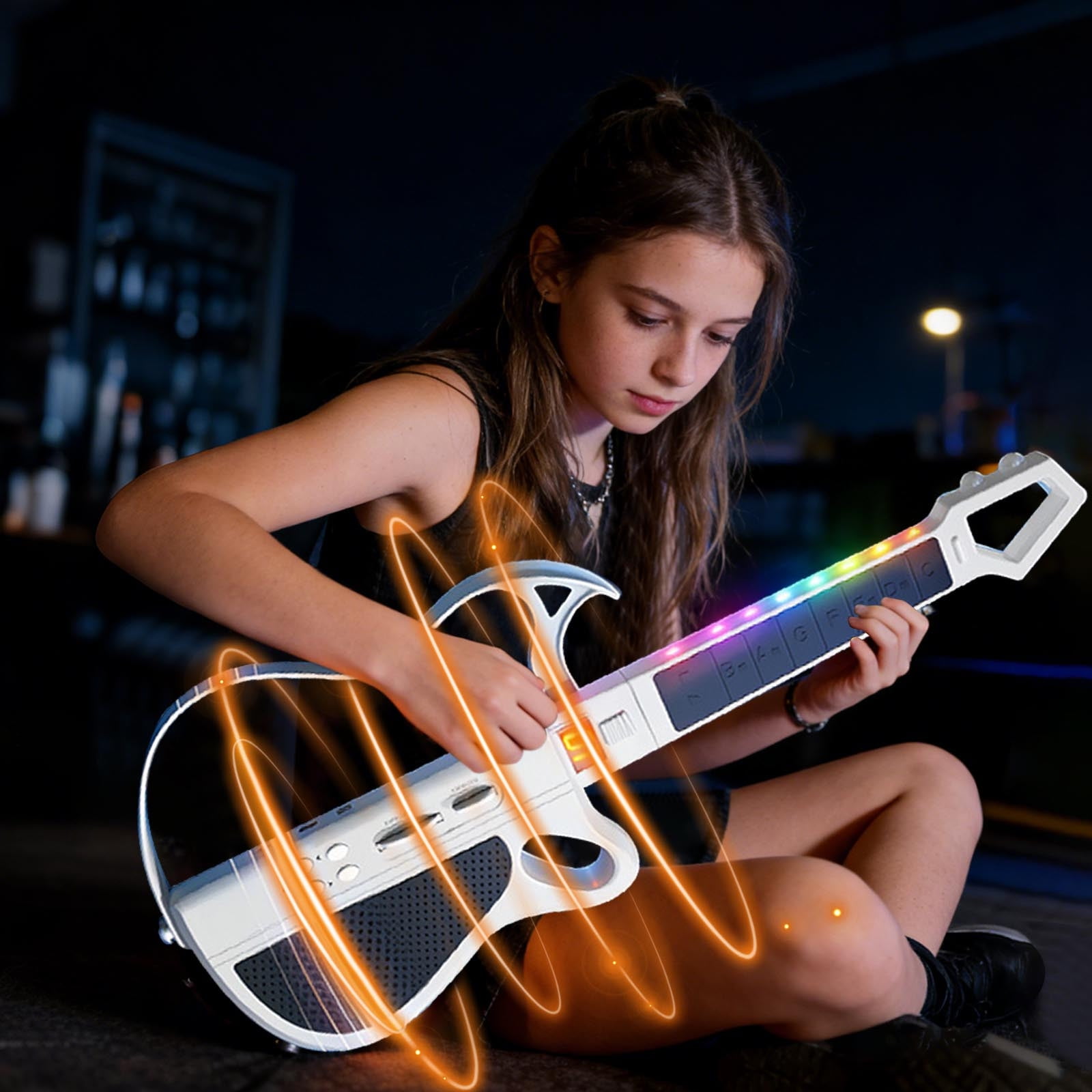 Eespoir Smart Bluetooth Electronic Guitar For Kids, No Strings Foldable Guitar Toy, Auto-Play One-Man Band Mode For Beginners, Portable Music Gift, Educational(White)