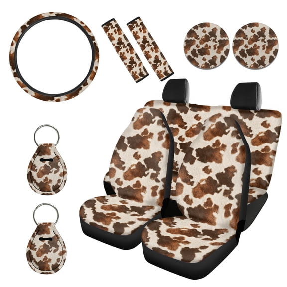 Renewold Car Seat Covers Set 11 PCS, Cowhide Pattern Car Seat Protector with Soft Steering Wheel Seat Belt Covers Coasters Keychain Universal Fit for Most Vehicles, Fashion Cow Print