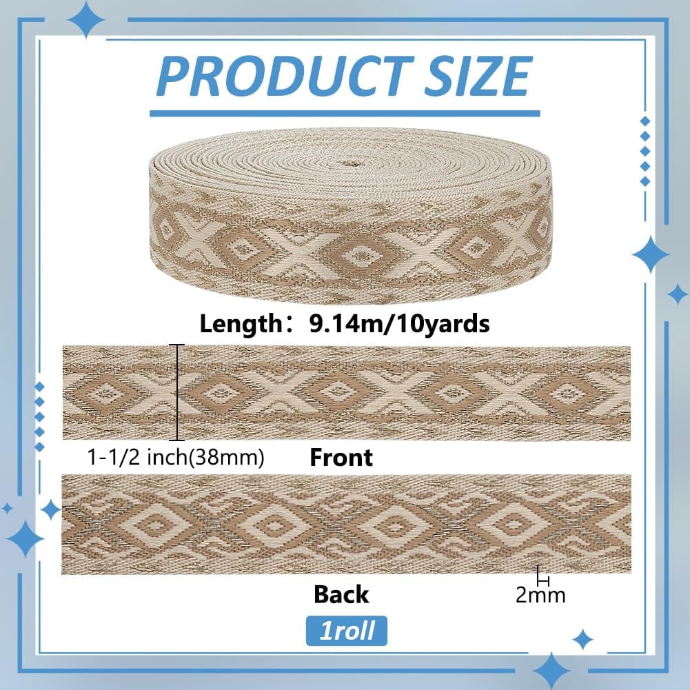 10Yards/9.1m Polyester Webbing Strap 1-1/2 inch Wide Black Color Ethnic Style Double Sides Rhombus Polyester Ribbon Sewing Embellishment