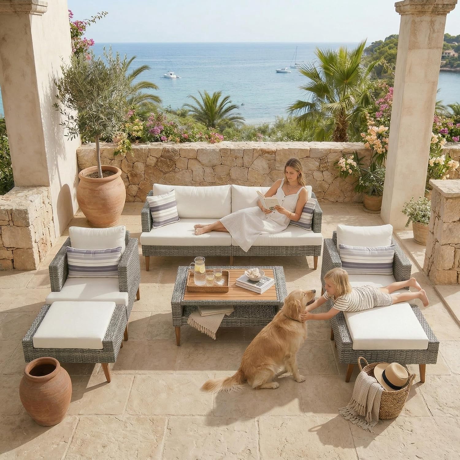 6-Piece All Weather PE Wicker Patio Sofa Set, Outdoor Rattan Seating with Double Cushions, Wood Table Top & Legs, Beige & Gray