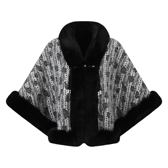 Ecqkame Women Sherpa Cape Shawl Casual Print Faux Fur Trim Knot Front Shawl Poncho Wrap Fleece Lined Warm Winter Versatile Outerwear Black Free Size