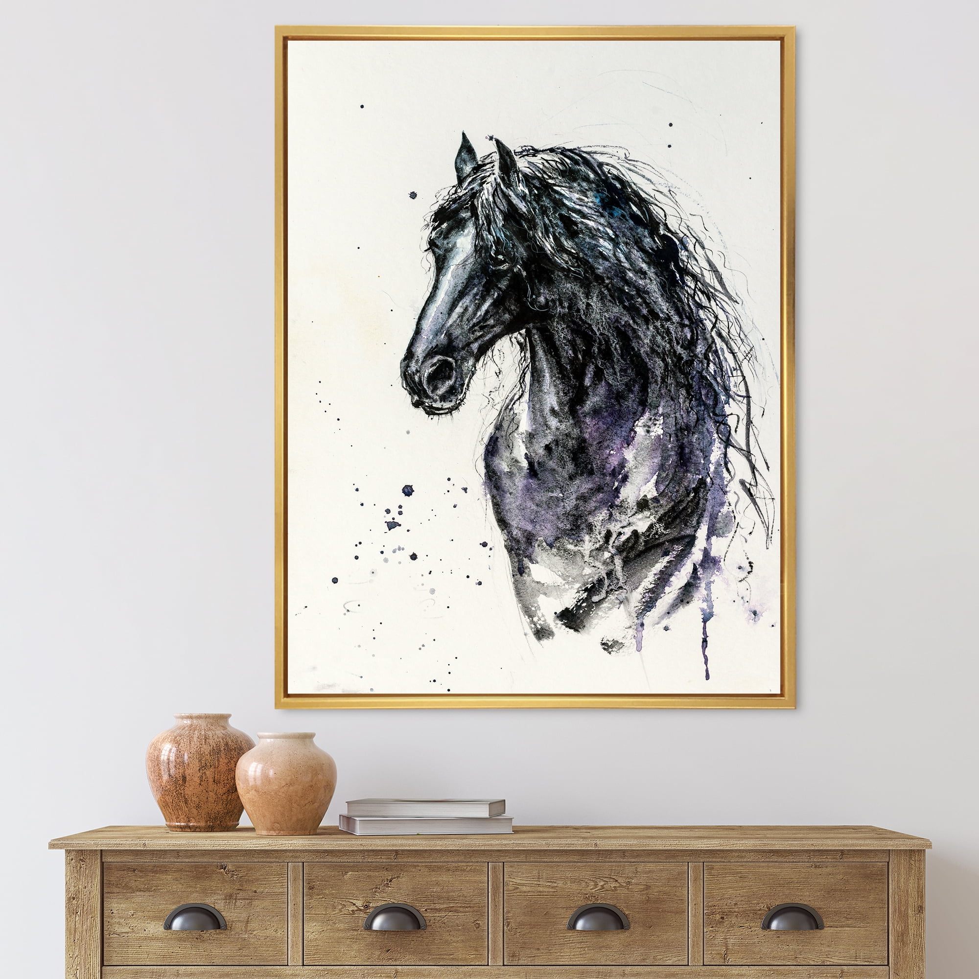 Designart 'Close Up of Friesian Horse With Long Manes' Farmhouse Framed Canvas Wall Art Print
