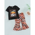 thumbnail image 3 of Franhais Toddler Kids Girls 2 Pieces Outfits, Letter Pattern Print Round Neck Short Sleeve T-Shirts + Zebra Stripe Print Flare Pants Set, 3 of 9