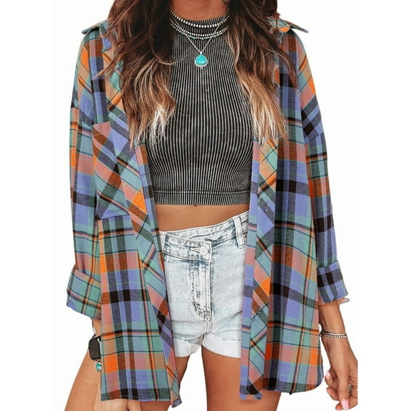 Plaid Flannel Shirts for Women Loose Fit Boyfriend Button Down Shirt Long Sleeve Casual Flannel Blouse Tops Blue S