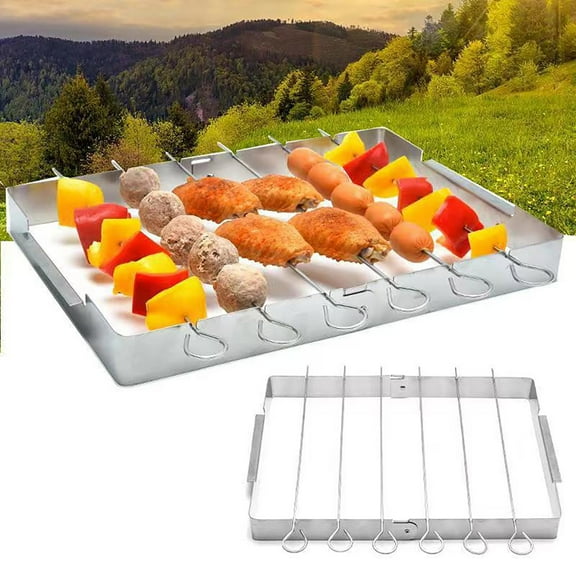 Stainless Steel Bbq Shish Kabob Set Large Foldable Grill Rack With 6Pcs 12.2"L Barbecue Skewer For Ooudoor Indoor Party And Cookout-Silver