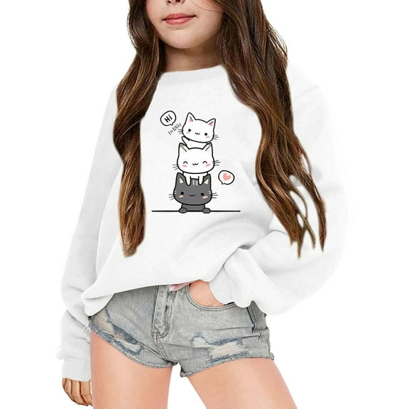Kiijoy Girls Long Sleeve Sweatshirt Cartoon Cat Print Crew Neck Pullover Top, Sizes 7-8