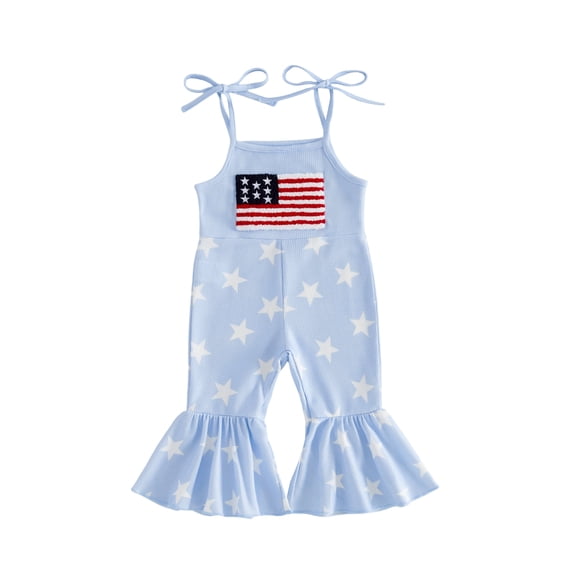 BemeyourBBs Toddler Baby Girl 4th of July Outfit Independent Day Clothes Summer Romper Bell Bottoms Patriot Star Print American Flag Embroidered Spaghetti Strap Casual Jumpsuit Overalls