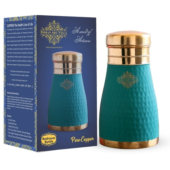 Indian Art Villa Copper Hammered Turquoise Silk Finish Bedroom Bottle with Inbuilt Glass, Turquoise, Drinkware – 32 oz