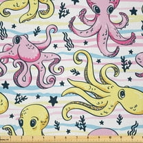Ambesonne Octopus Fabric by the Yard Microfiber, Cartoon Underwater Animals, 2 Yards, Pink Yellow Pale Blue