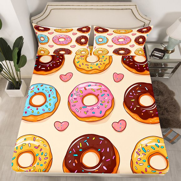 Erosebridal Rainbow Donut Fitted Sheet Set Twin, Lovely Dessert Doughnut Bedding Twin Size, Love Heart Bedroom Decor 2 Pieces (No Top Sheet)
