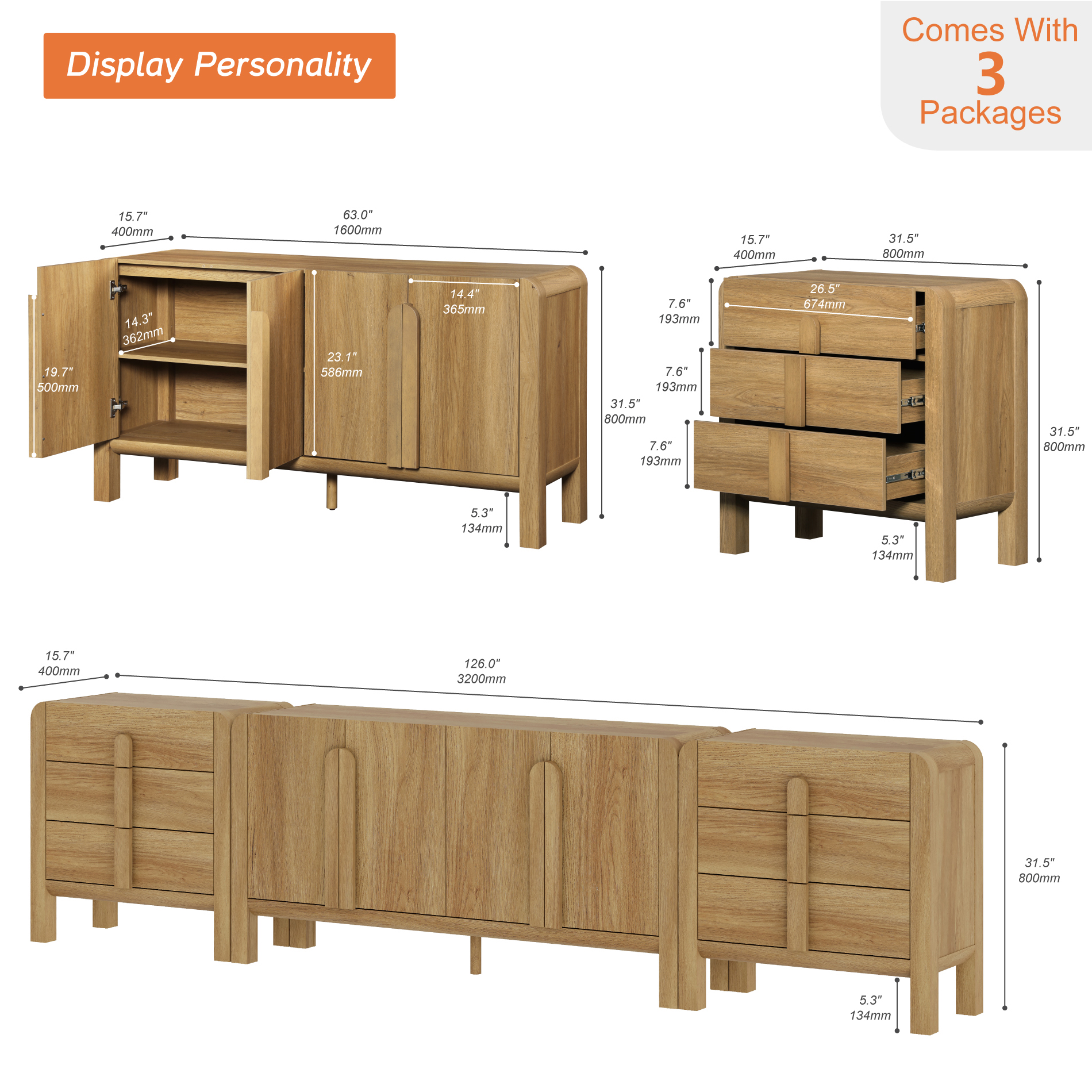 Mid-Century Modern 126" Sideboard Buffet with Storage, 3-Piece Wood Credenza with Doors and Adjustable Shelves for Kitchen，Living Room