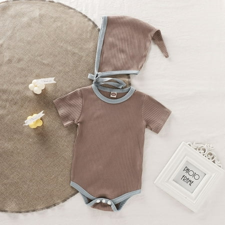 

Hunpta Infant Newborn Baby Boys Girls Short Sleeve Ribbed Patchwork Romper With Cute Hat Outfit Set Clothes 2PCS
