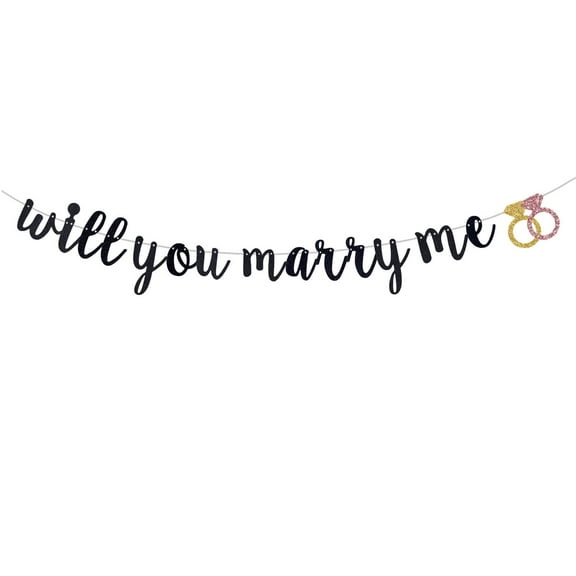 Will You Marry Me Banner, Proposal Party Garland Shiny Black Glitter Paper Sign Valentine's Day Wedding Marriage Proposal Engagement Party Decorations Pre-Strung