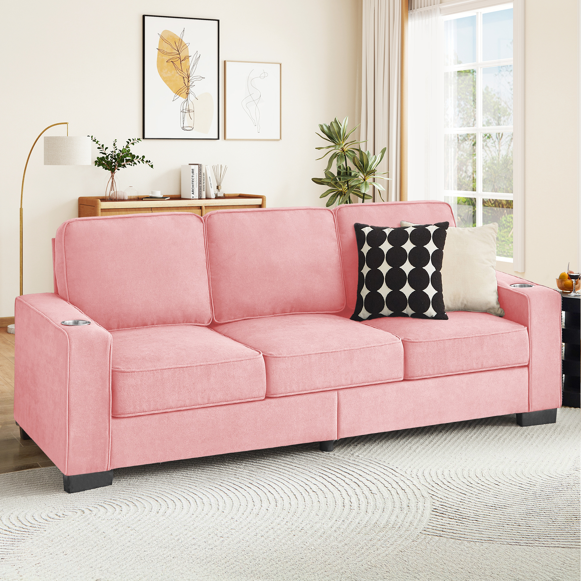 Lunale 83" Velvet Sofa with Cup Holders, Modern 3-Seater Couch for Living Room, Apt., Pink