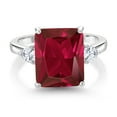 thumbnail image 3 of Gem Stone King 6.02 Cttw Red Created Ruby and White Moissanite 3 Stone Ring for Women | 925 Silver | Emerald Cut 12X10MM | Trillion 3.5MM | Three Stone Wedding Engagement Anniversary Ring| Size 6, 3 of 5