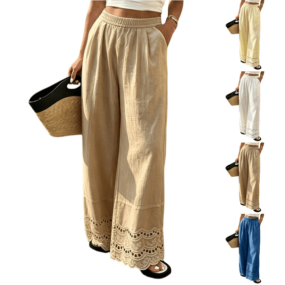 Women's Lace Trim Linen Palazzo Pants 2026 Elastic Waist Pull On Wide Leg Flowy Beach Vacation Pants Khaki L