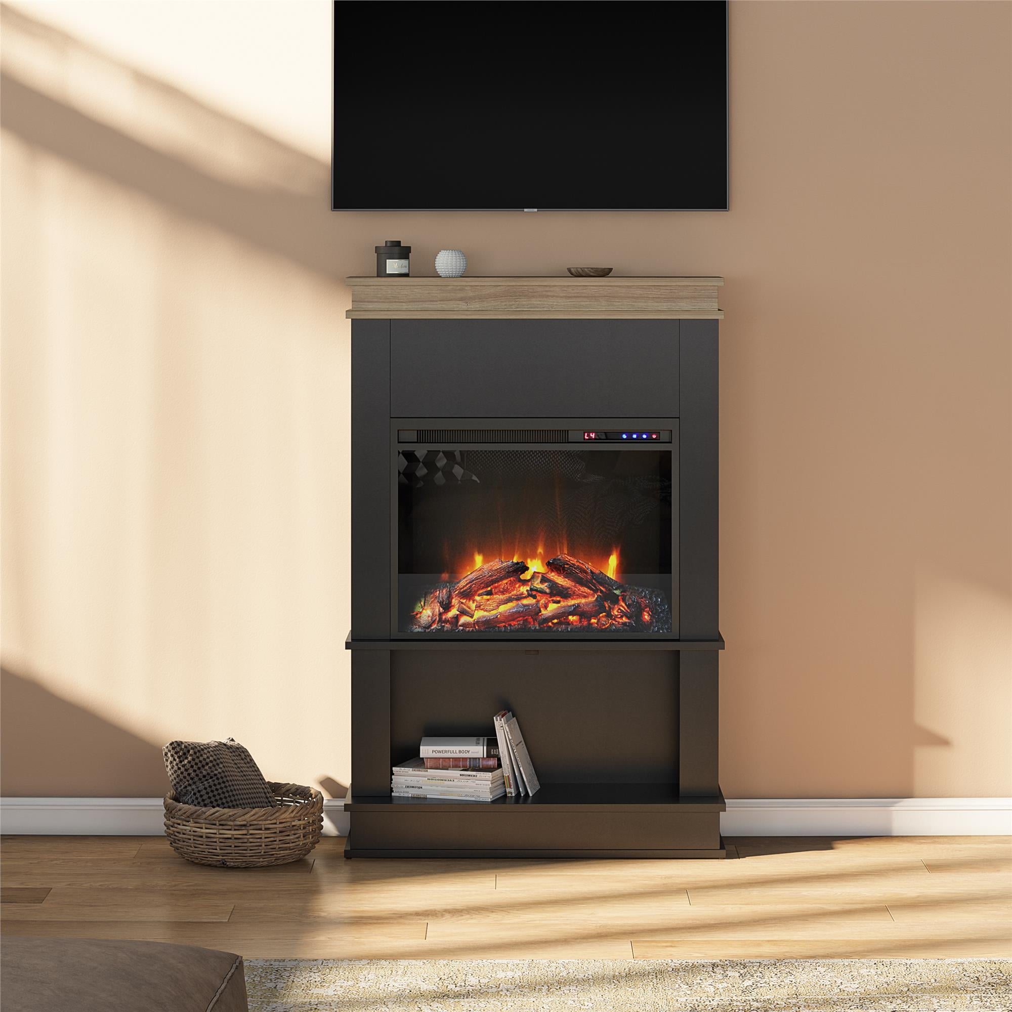 Ameriwood Home Mabrick Electric Fireplace with Mantel and Open Shelf, Black with Natural