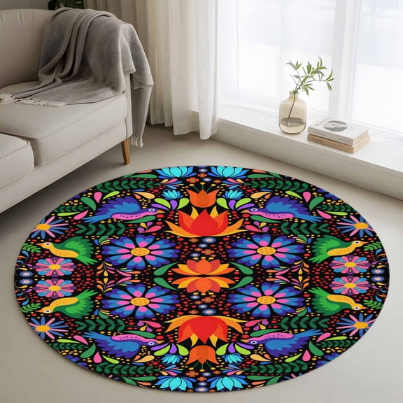 Round Rugs 4Ft, Mexican Flower Round Area Rug Washable Indoor Throw Carpet, Abstract Colorful Floral Leaf Plant Soft Non Slip Circle Rug for Kitchen Nursery Room Home Decor Aesthetic