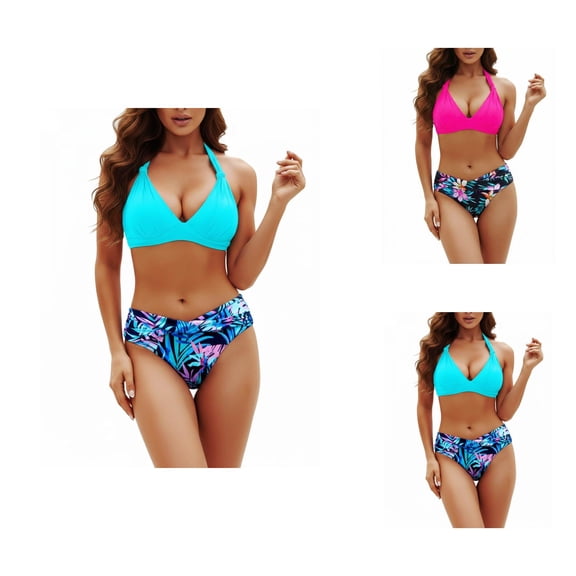 Tummy Control Swimsuits for Women Printed Tankini Two Piece Swimwear High Waist With Rash Guard