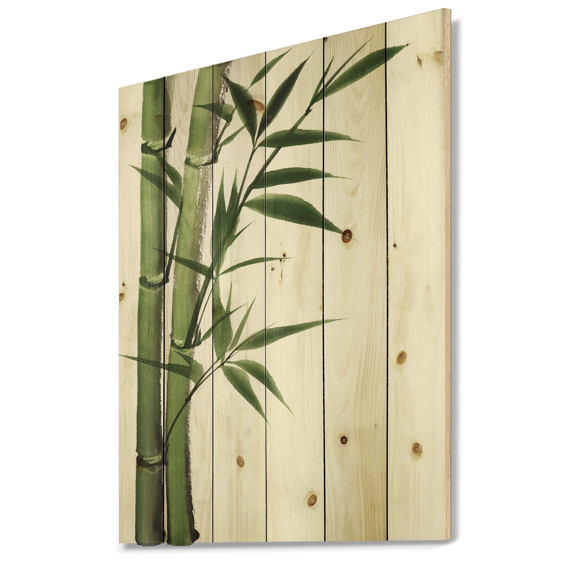 Designart 'Detail of Dark Green Bamboo and Leaves I' Traditional Print on Natural Pine Wood