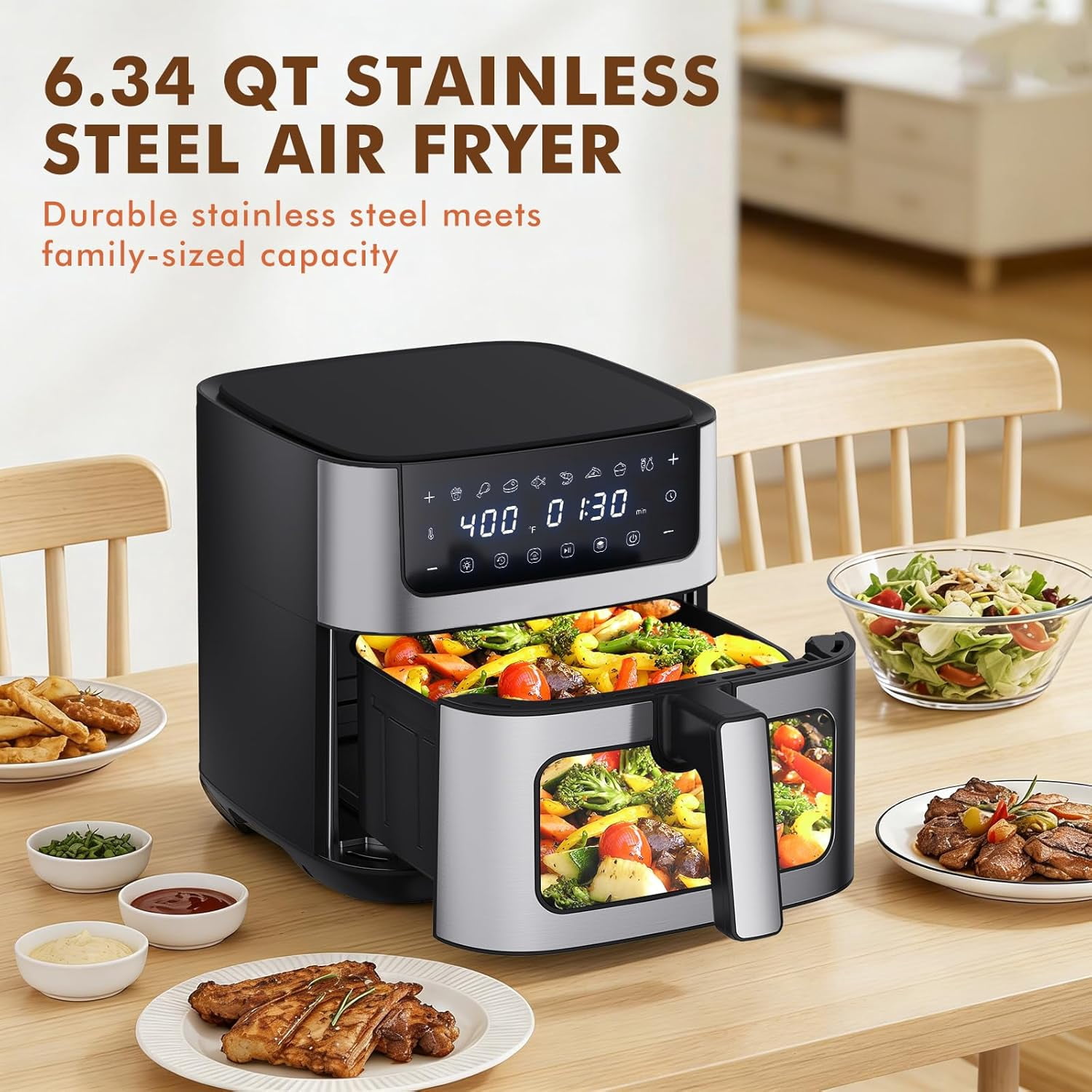 G-ocean 6.34 QT Air Fryer Oil-Free with Visible window, 8 Preset Cooking Modes, 90-Min Timer, 400°F Hemp, Dish Washer Safe, Roast, Bake, Black