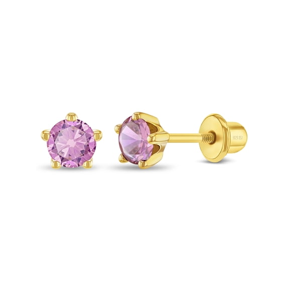 Prong CZ Pink Toddler / Kid Earrings Screw Back - Sterling Silver Gold Plated