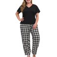 thumbnail image 2 of Auburet Women Pajamas Set Plaid Lounge Pants V-Neck Short Sleeve Cotton T-Shirt 2 Piece Sleepwear, 2 of 4