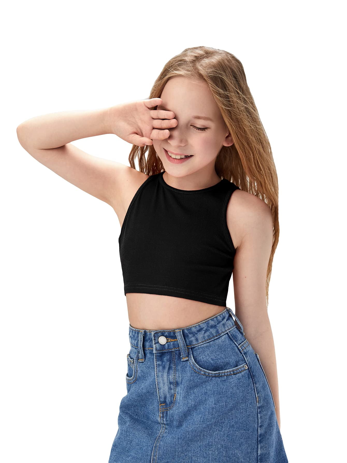 SOLY HUX Girl's Sleeveless Round Casual Baisc Crop Tank Tops Solid Black - Walmart.com