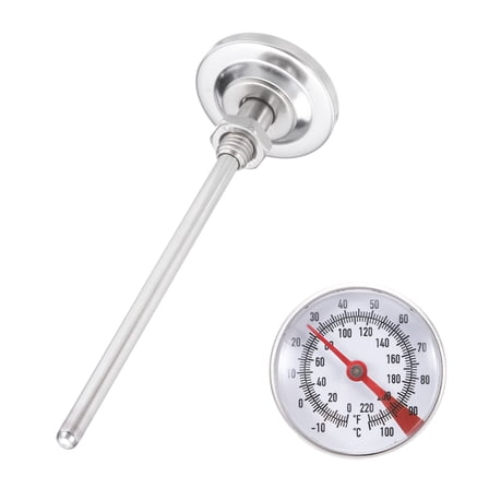 Bimetal Thermometer with 5in Stainless Steel Stem & 1.5in Dial, -10-110°C Temperature Range, Shatterproof Plastic Lens - Industrial Grade