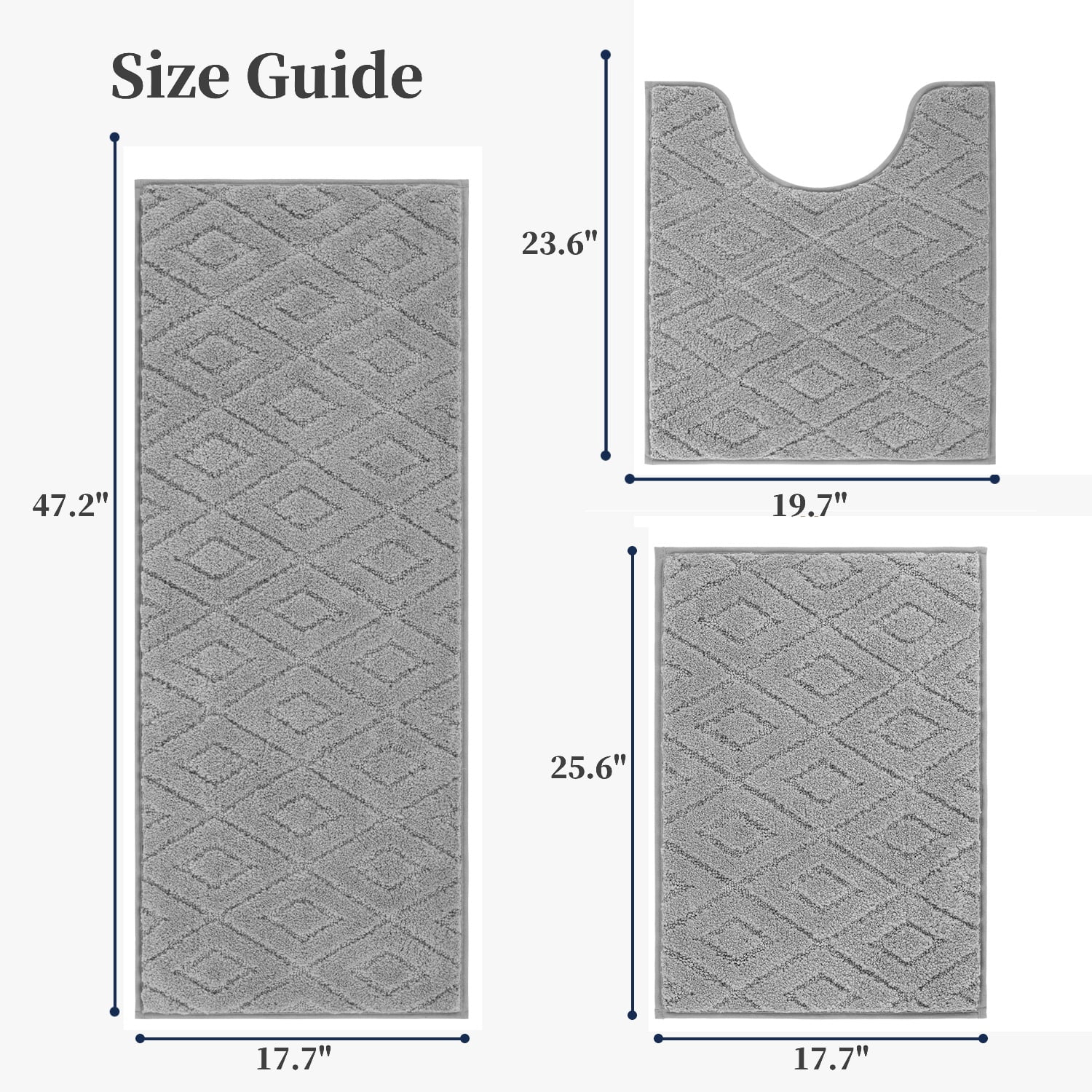 Yamaziot 3pcs Bathroom Rugs Set with U-Shaped Mat, Non Slip, Quick Drying, Ultra Soft and Water Absorbent Bath Rug Carpet Machine Washable Rug, Gray