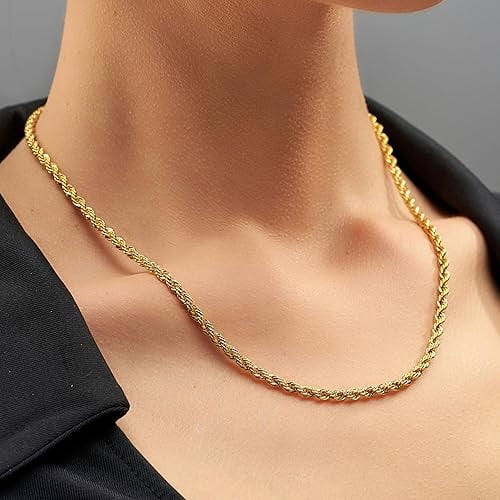 LIFETIME JEWELRY 4mm Rope Chain Necklace 24k Real Gold Plated-Women and Men (22 mm)