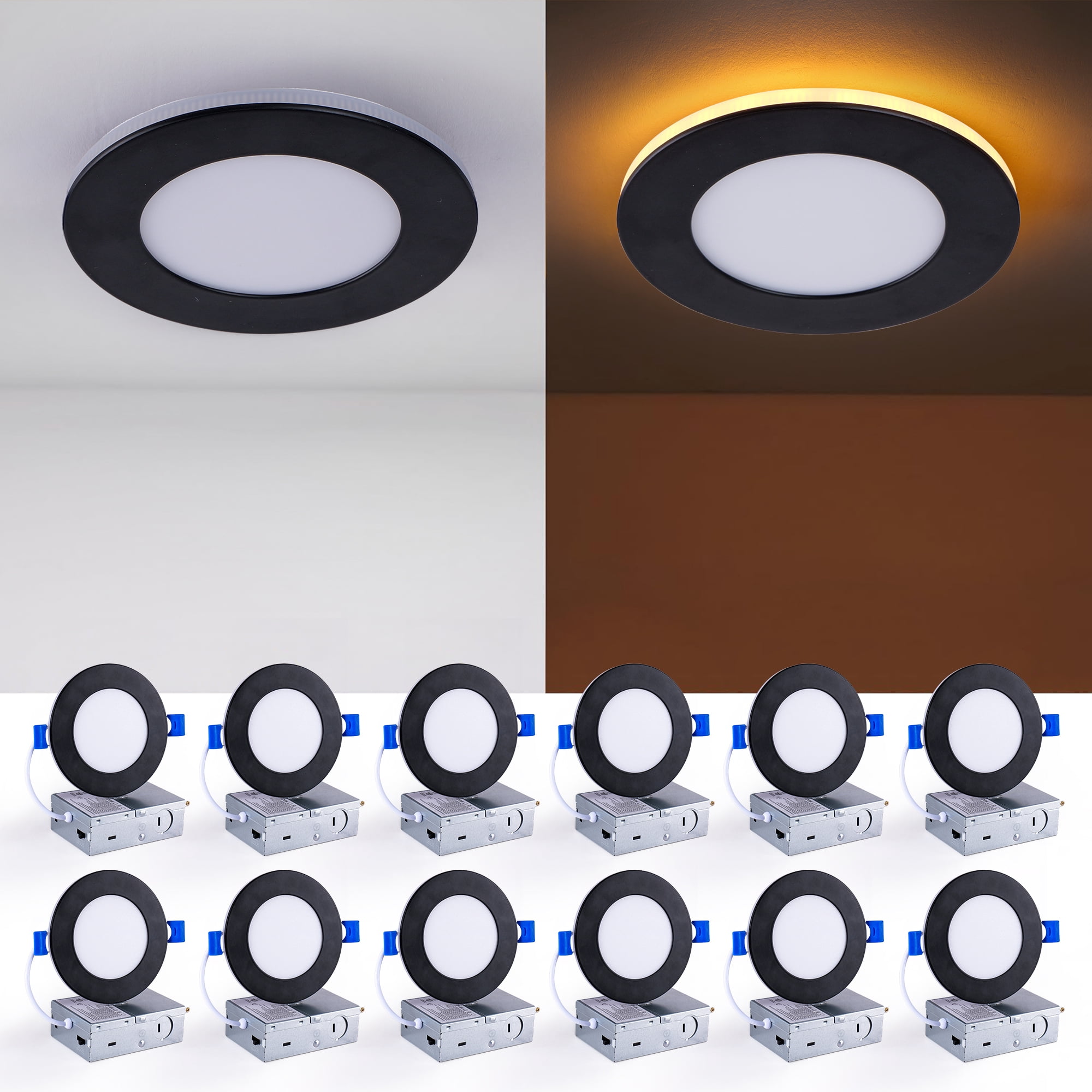 Miniyam 12 Pack 4" Black LED Recessed Light with Night Light, 9W 800LM Dimmable, 2000K-5000K 6CCT, Canless w/ Junction Box for Bedroom/Living Room/Kitchen